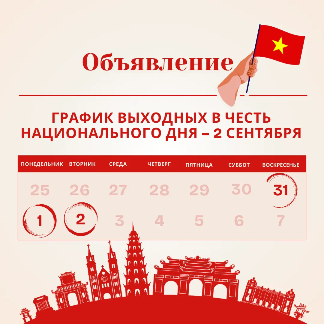 🇻🇳 УВЕДОМЛЕНИЕ О ВЫХОДНЫХ В ЧЕСТЬ НАЦИОНАЛЬНОГО ПРАЗДНИКА ВЬЕТНАМА — 2 СЕНТЯБРЯ 2025