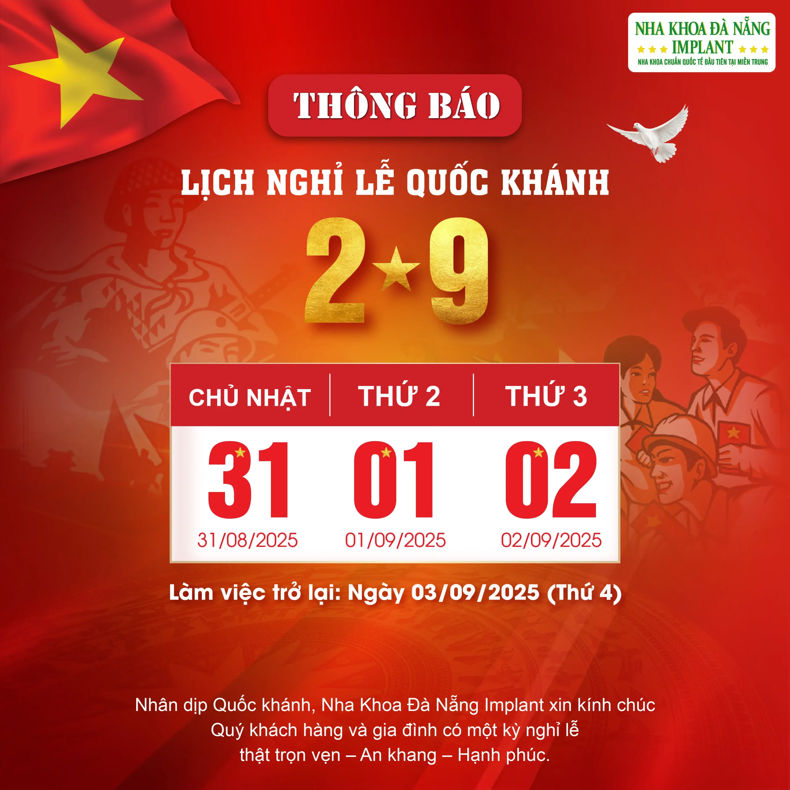THÔNG BÁO LỊCH NGHỈ LỄ QUỐC KHÁNH 2/9/2025 CỦA NHA KHOA ĐÀ NẴNG IMPLANT